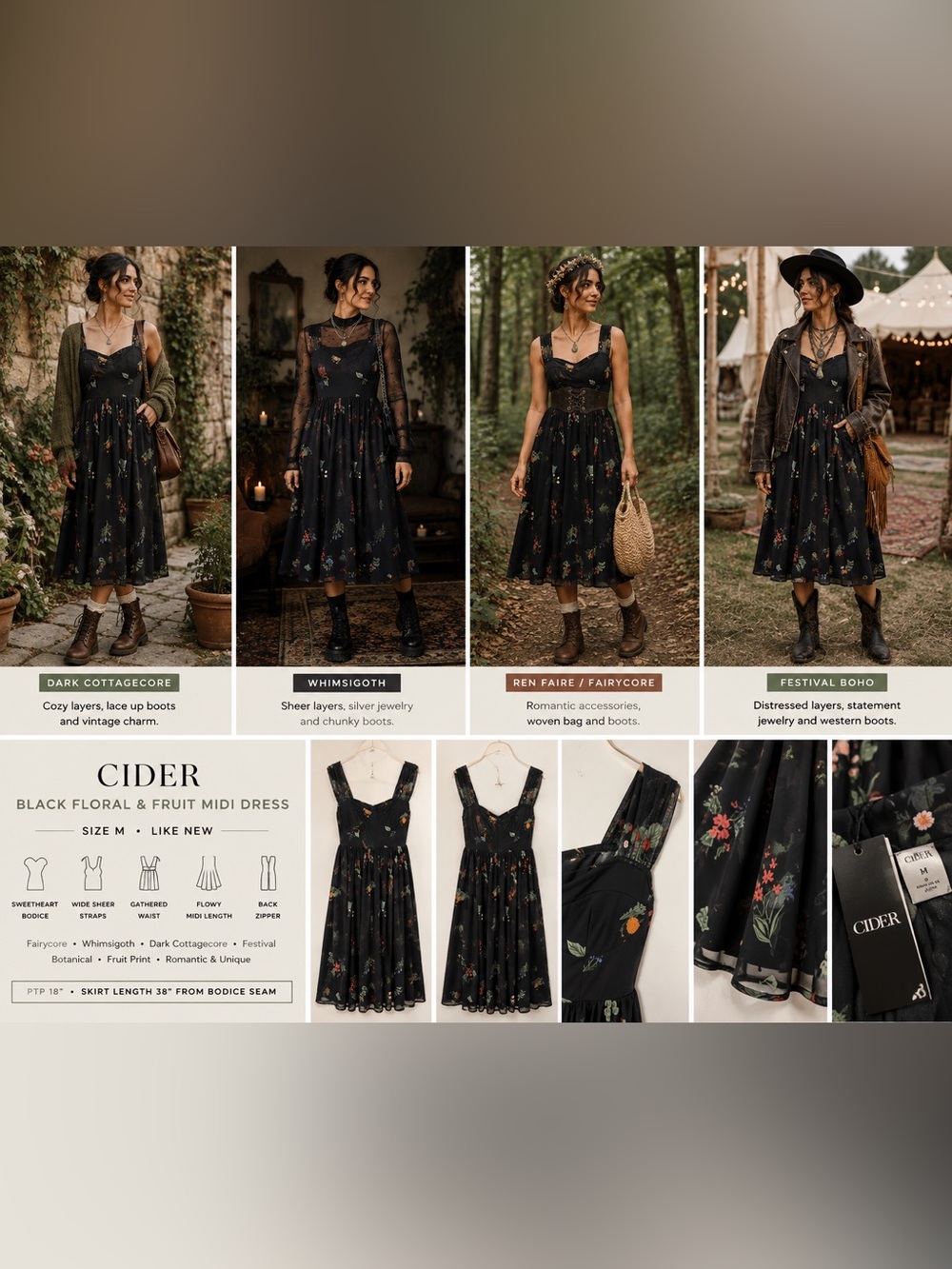 Cider Black Floral Fruit Midi Dress M Whimsigoth Dark Cottagecore Fairycore - Picture 2 of 10